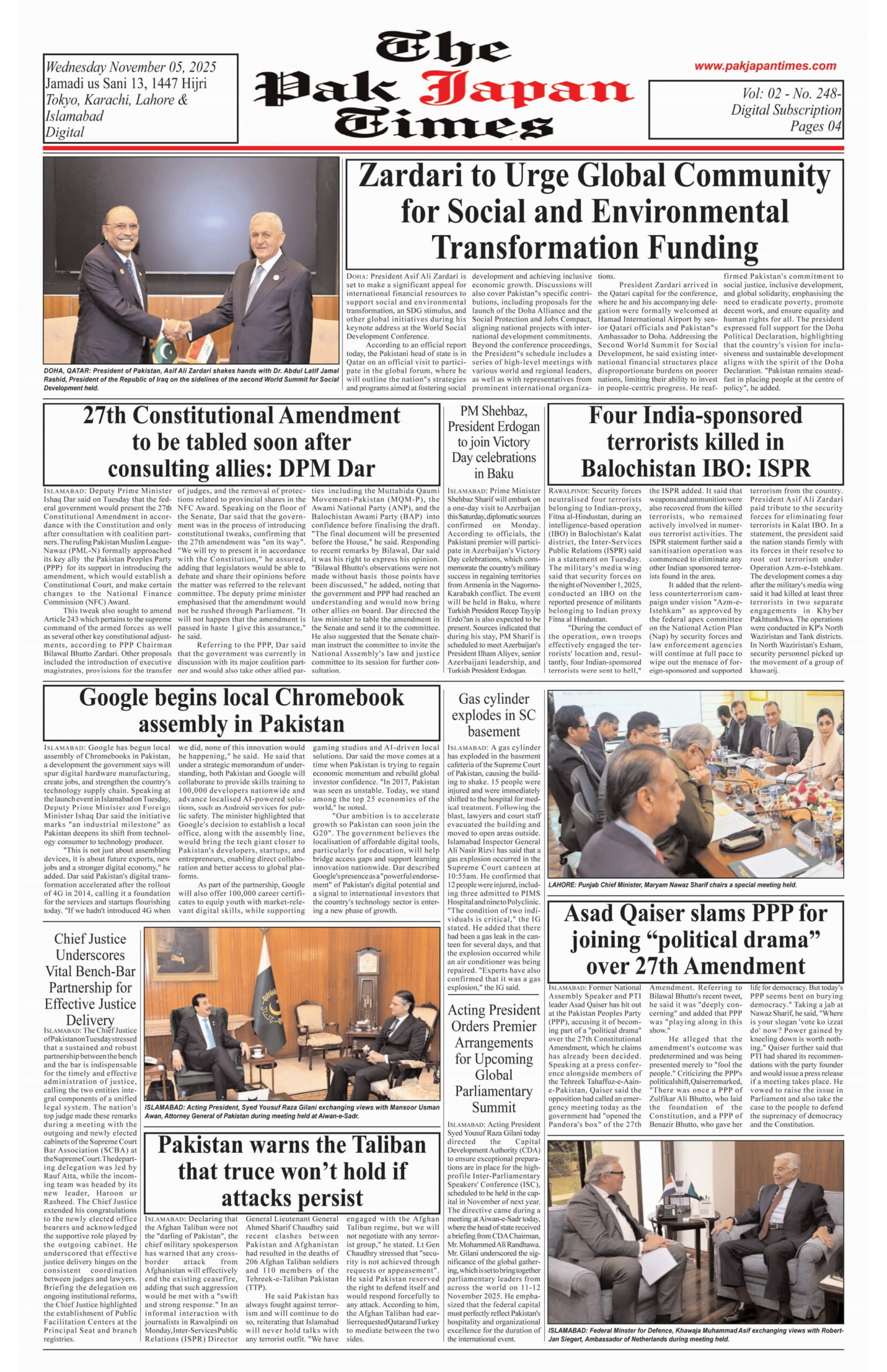 Zardari to Urge Global Community for Social and Environmental Transformation Funding