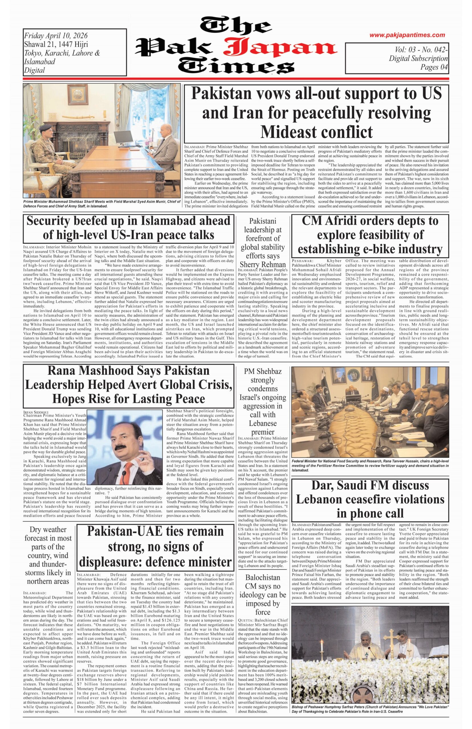 Pakistan vows all-out support to US and Iran for peacefully resolving Mideast conflict